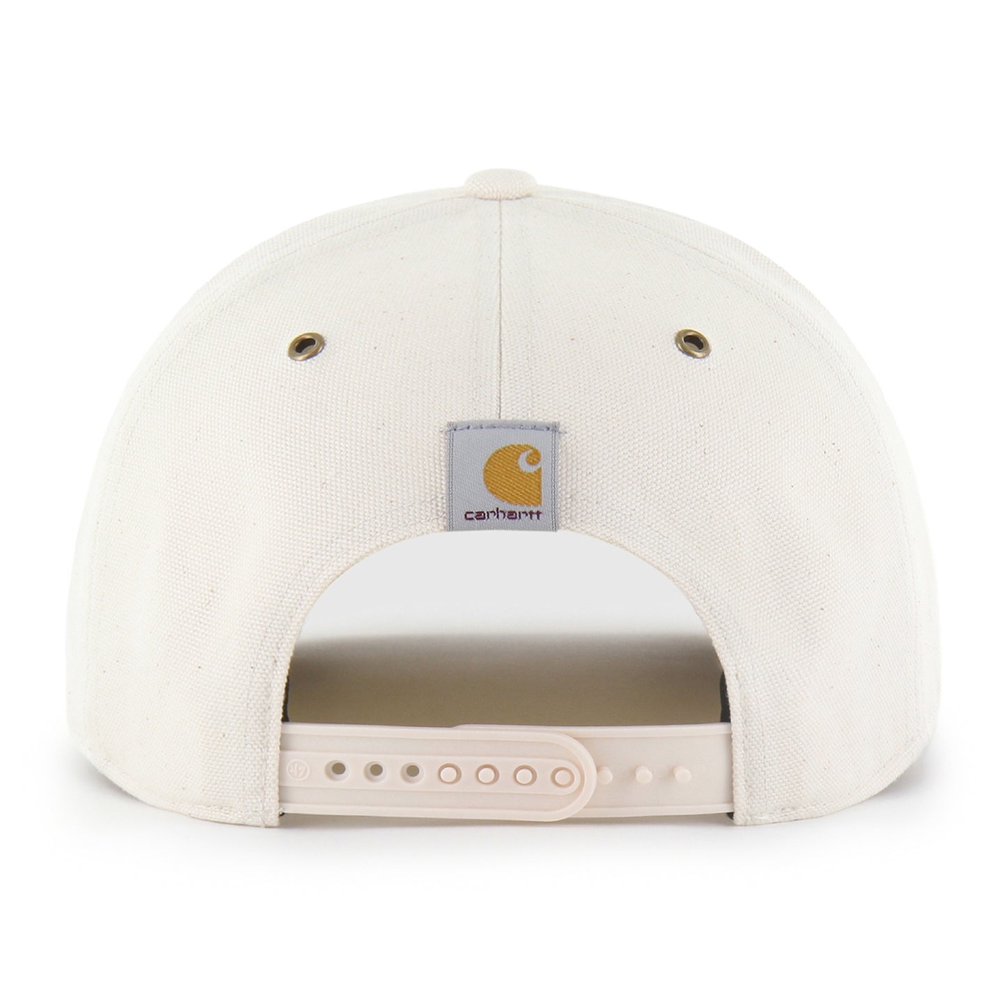The back of a Carhartt snapback cap in off-white canvas, featuring the brand's signature square patch above the snapback closure.