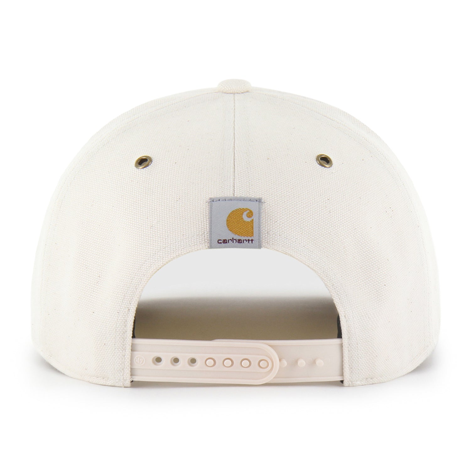 The back of a Carhartt snapback cap in off-white canvas, featuring the brand's signature square patch above the snapback closure.