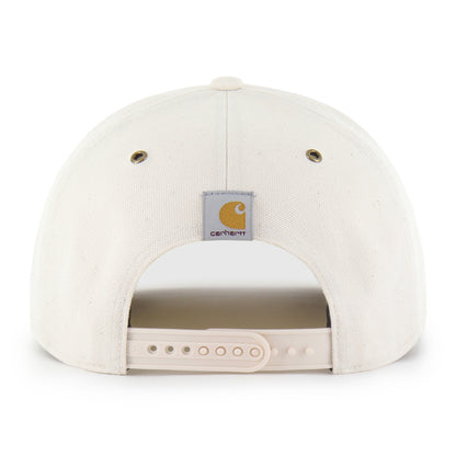 The back of a Carhartt snapback cap in off-white canvas, featuring the brand's signature square patch above the snapback closure.