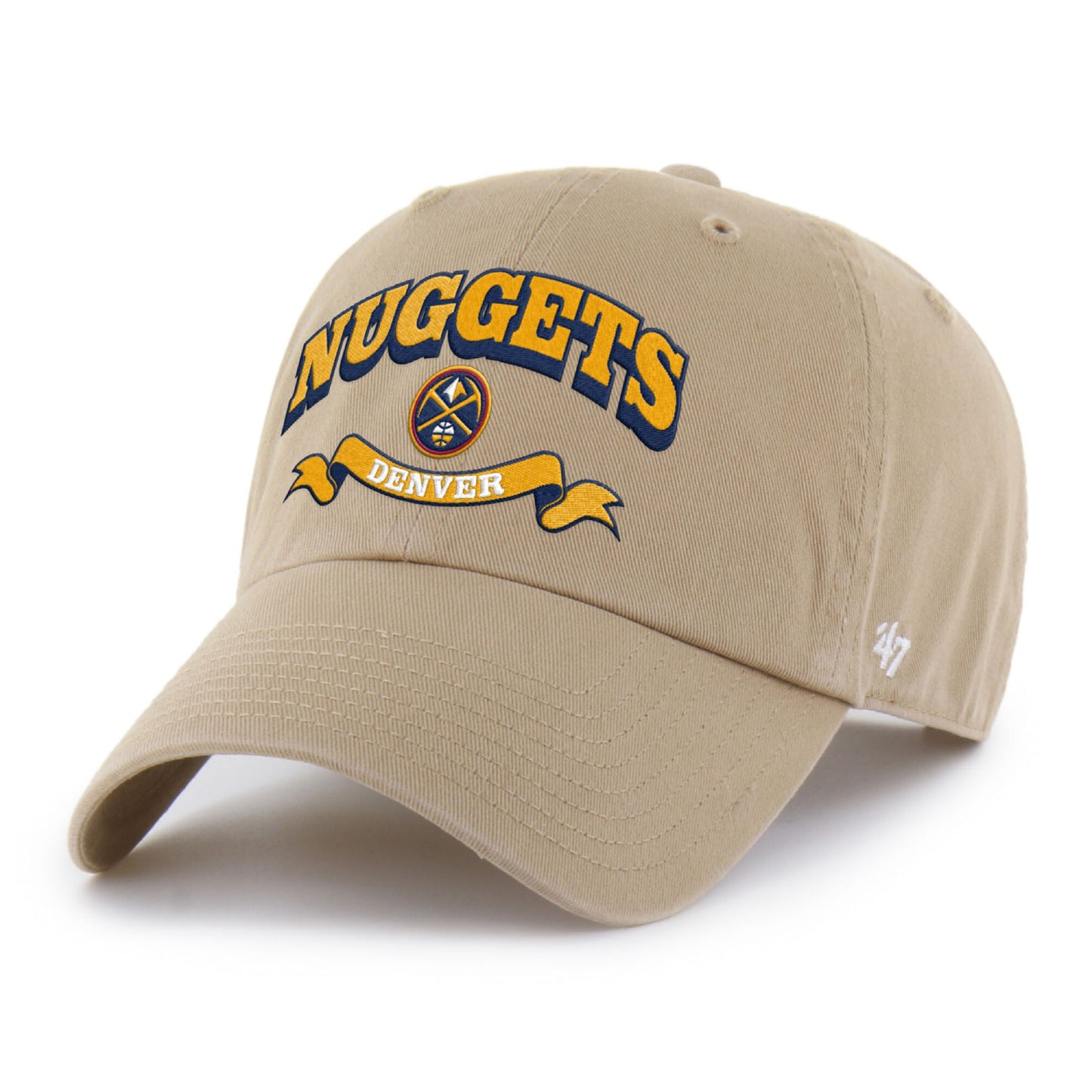 Beige cap with text in Gold with navy drop shadow of Nuggets.  Nuggets Primary logo below text and gold ribbon with white text Denver on a white background, left facing view
