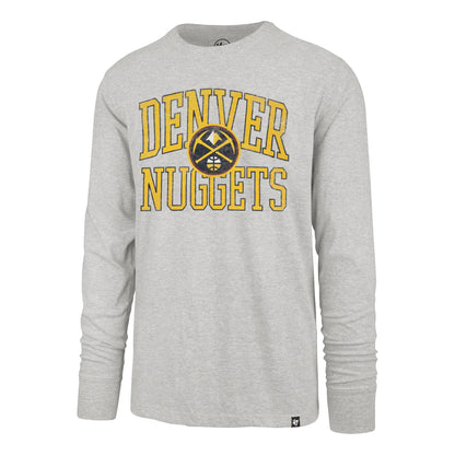 Front left view of a heather grey long sleeve t-shirt with distressed text and logo.  Denver Nuggets in yellow trimmed in navy and the Nuggets primary logo stacked in the middle 