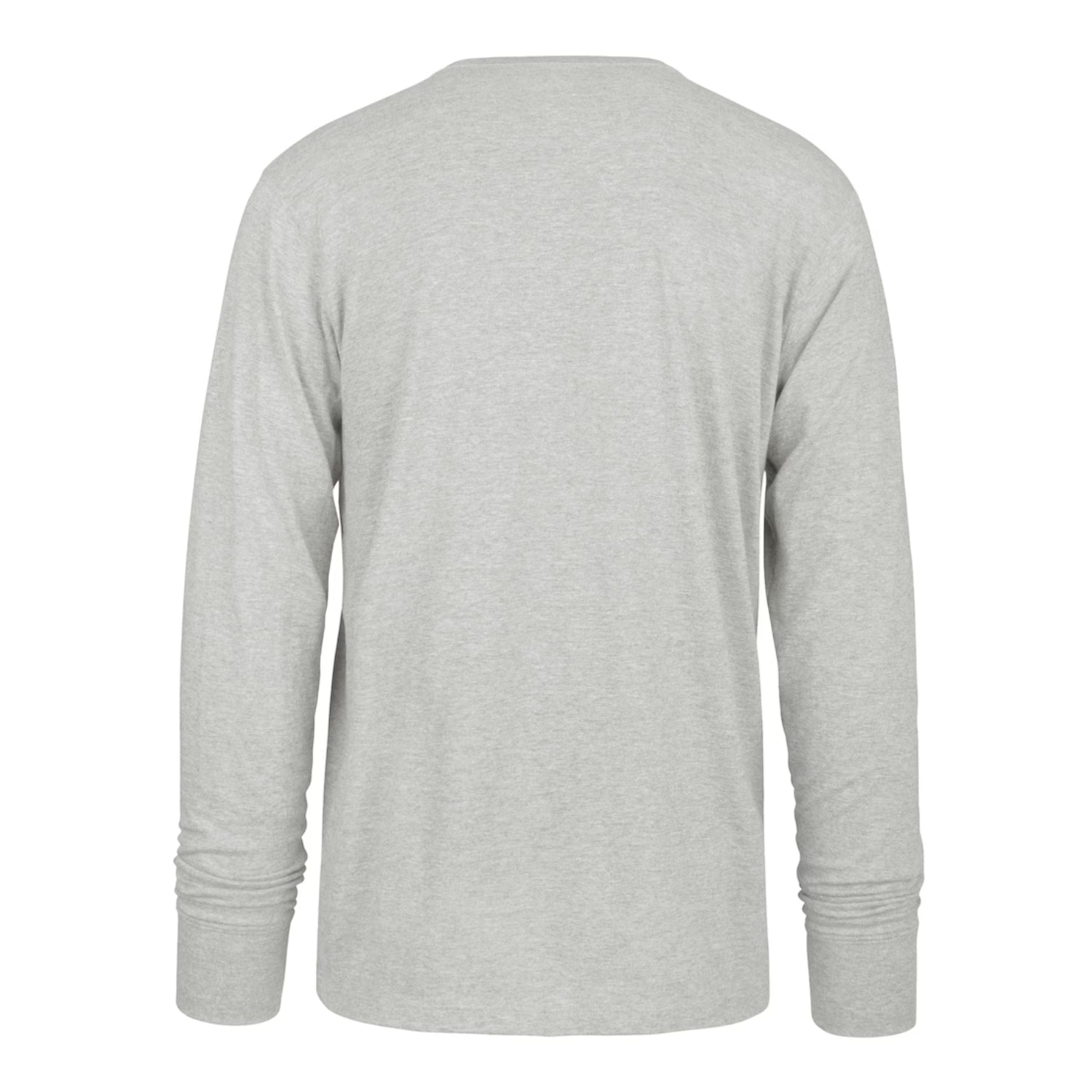 Back view of a heather grey long sleeve t-shirt.