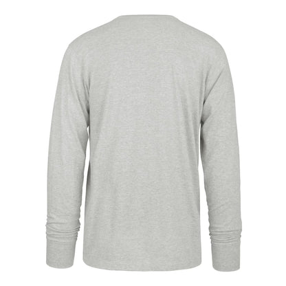 Back view of a heather grey long sleeve t-shirt.