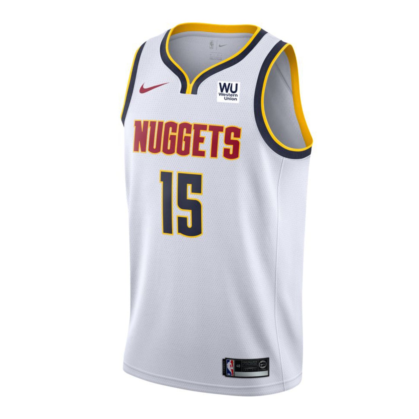 Front view White basketball jersey with Denver in red and number '15' in navy with yellow outline on a white background
