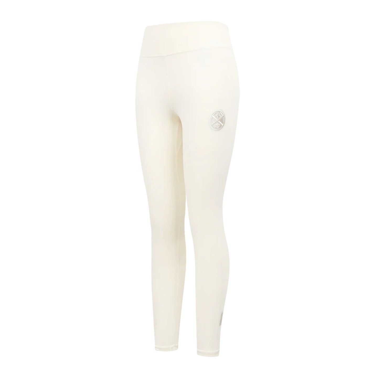 Front left view of  eggshell white colored high-waisted leggings featuring a small, Denver Nuggets logo emblem on the upper left hip.