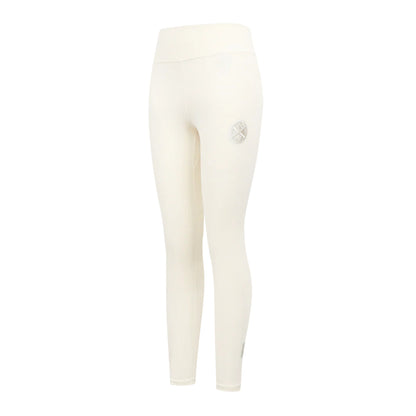Front left view of  eggshell white colored high-waisted leggings featuring a small, Denver Nuggets logo emblem on the upper left hip.