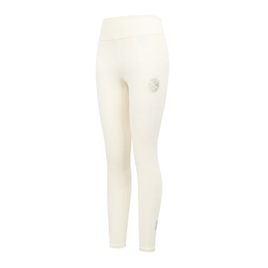 Front left view of  eggshell white colored high-waisted leggings featuring a small, Denver Nuggets logo emblem on the upper left hip.