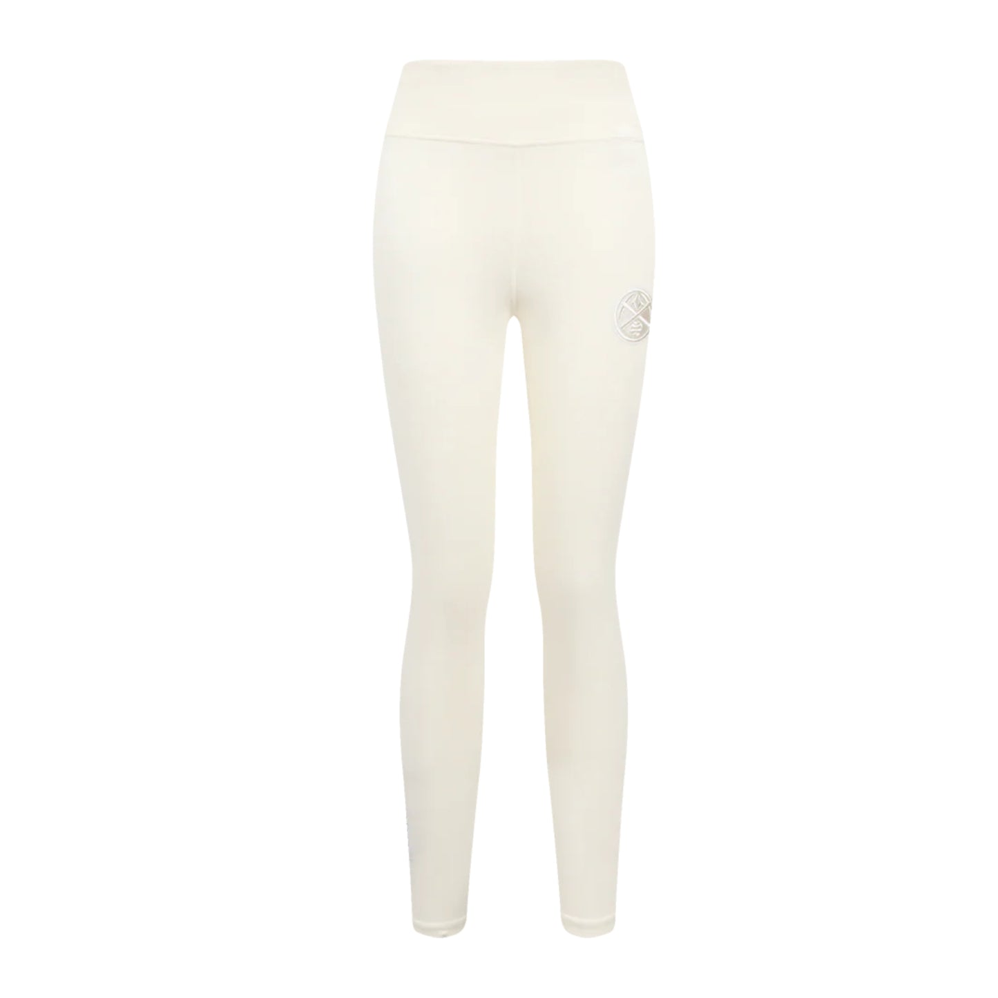 Front view of  eggshell white colored high-waisted leggings featuring a small, Denver Nuggets logo emblem on the upper left hip.