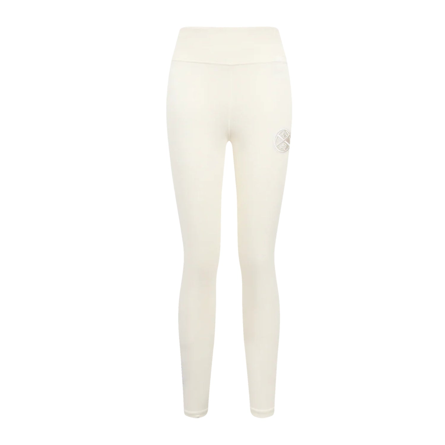 Front view of  eggshell white colored high-waisted leggings featuring a small, Denver Nuggets logo emblem on the upper left hip.