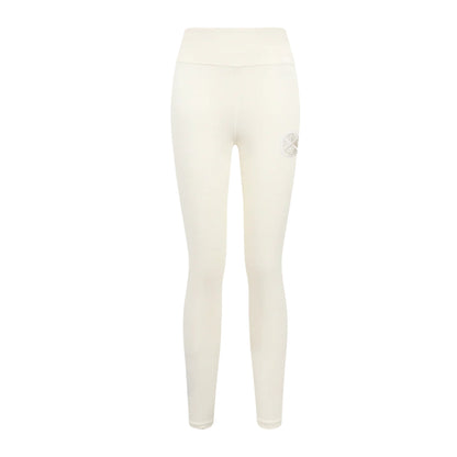 Front view of  eggshell white colored high-waisted leggings featuring a small, Denver Nuggets logo emblem on the upper left hip.