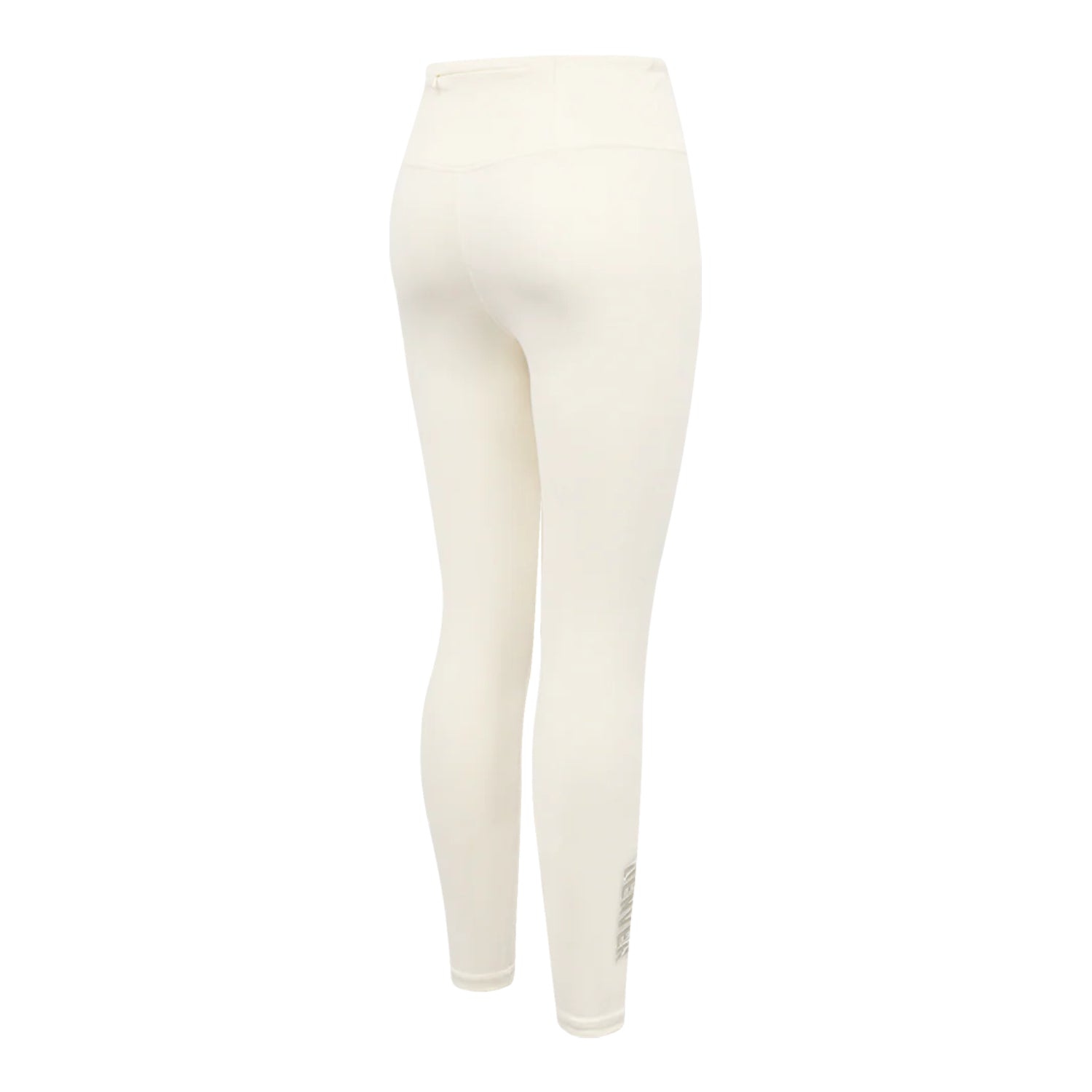 Back right view of  eggshell white colored high-waisted leggings featuring a small Denver Nuggets wordmark emblem on the lower right ankle.