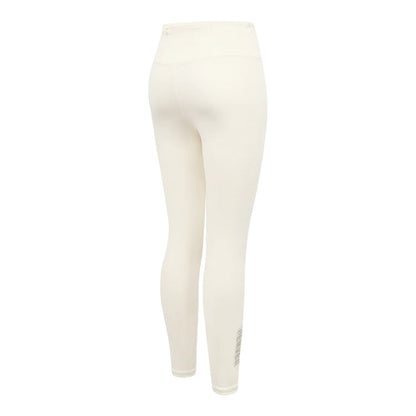 Back right view of  eggshell white colored high-waisted leggings featuring a small Denver Nuggets wordmark emblem on the lower right ankle.