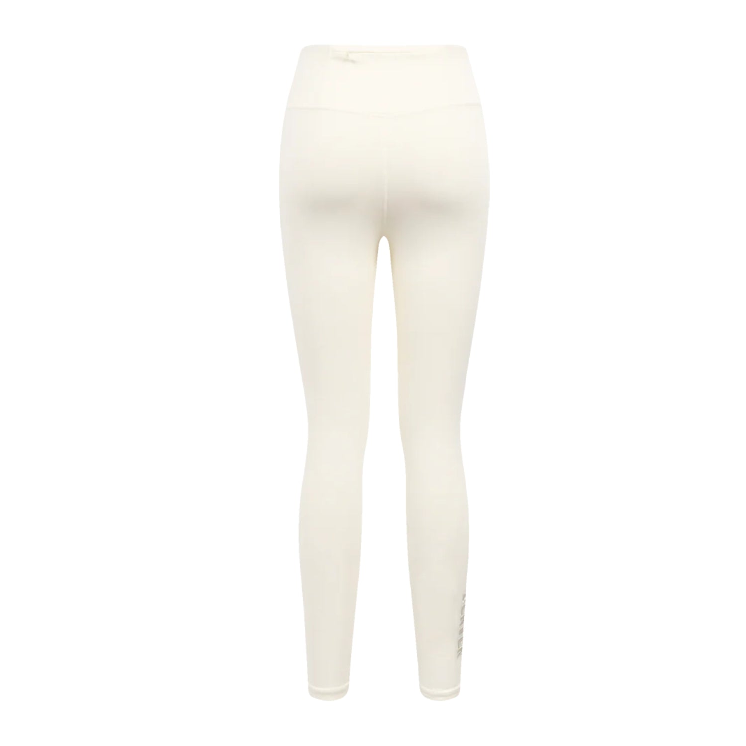 Back view of  eggshell white colored high-waisted leggings featuring a small Denver Nuggets wordmark emblem on the lower right ankle.
