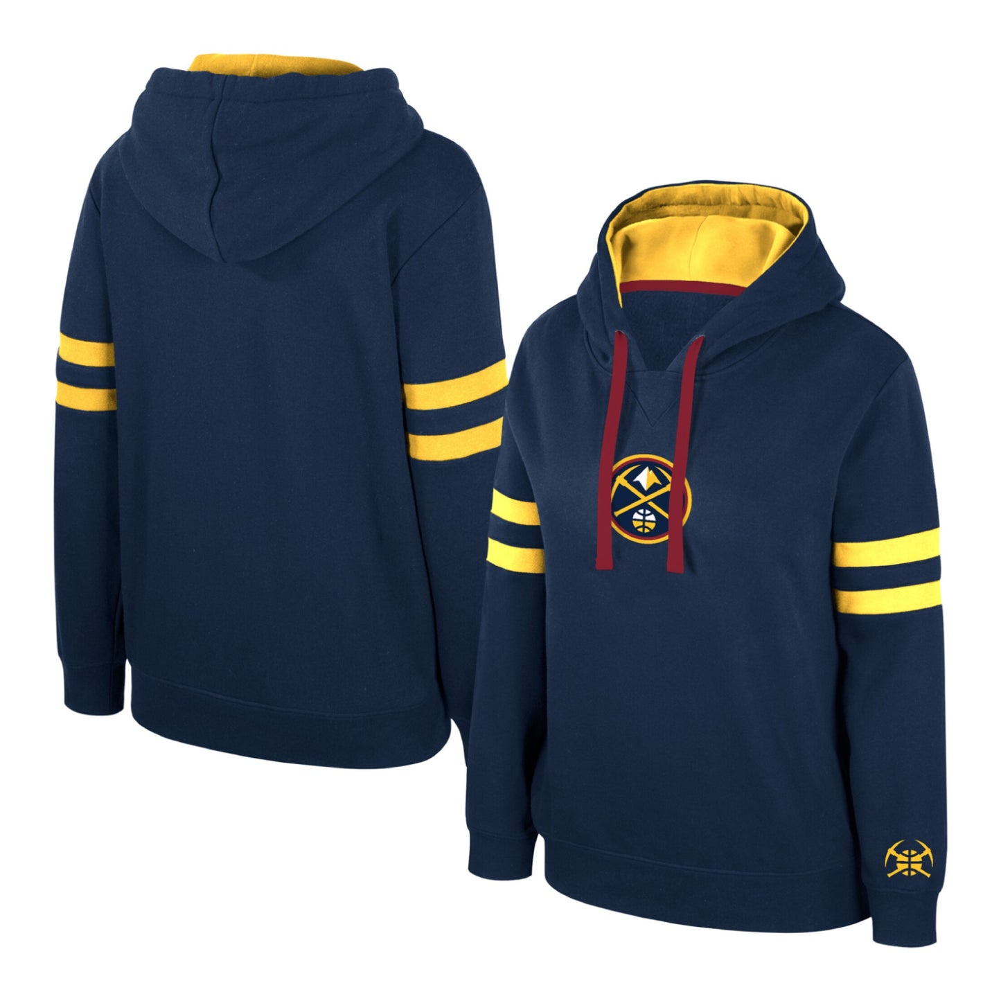 Front and back view of a Denver Nuggets pullover hoody in navy blue, featuring Primary logo graphic in middle of chest,, yellow sleeve stripes, and adjustable red drawstrings.  Pickaxe ball logo on the left sleeve just above the wrist cuff.
