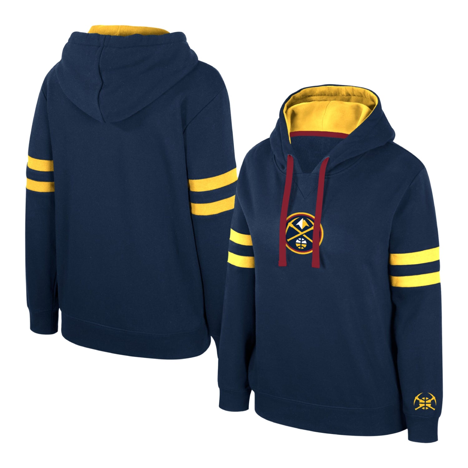 Front and back view of a Denver Nuggets pullover hoody in navy blue, featuring Primary logo graphic in middle of chest,, yellow sleeve stripes, and adjustable red drawstrings.  Pickaxe ball logo on the left sleeve just above the wrist cuff.