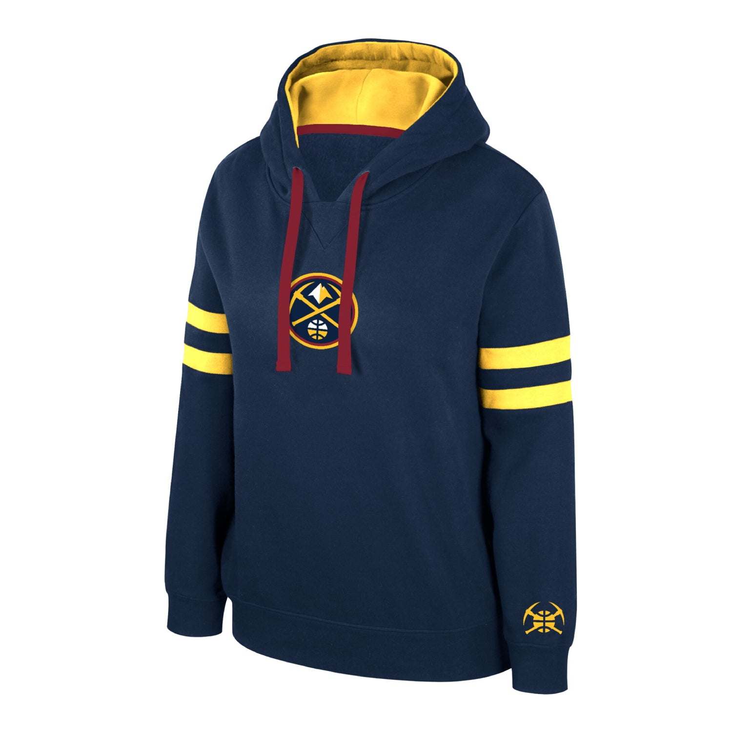 Front left view of a Denver Nuggets pullover hoody in navy blue, featuring Primary logo graphic in middle of chest,, yellow sleeve stripes, and adjustable red drawstrings.  Pickaxe ball logo on the left sleeve just above the wrist cuff.