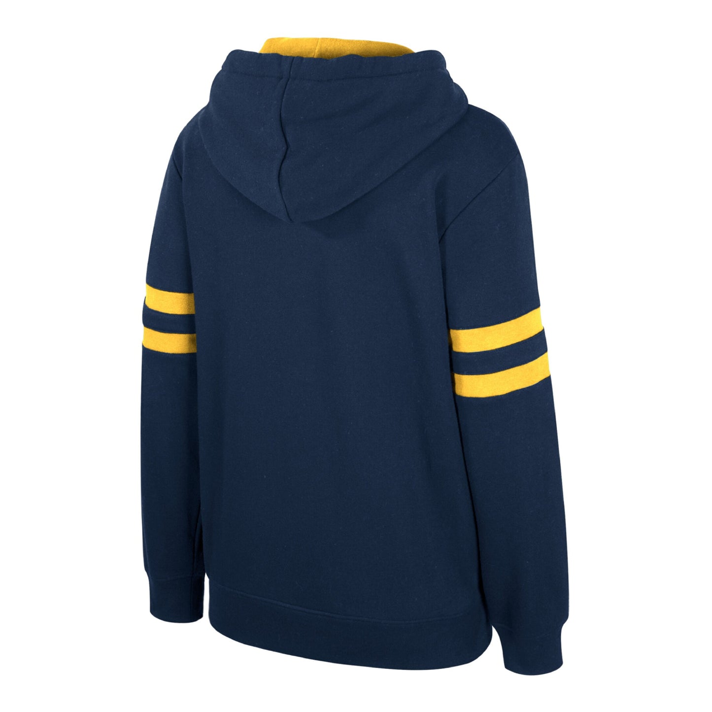 Back right view of a Denver Nuggets pullover hoody in navy blue, featuring yellow sleeve stripes