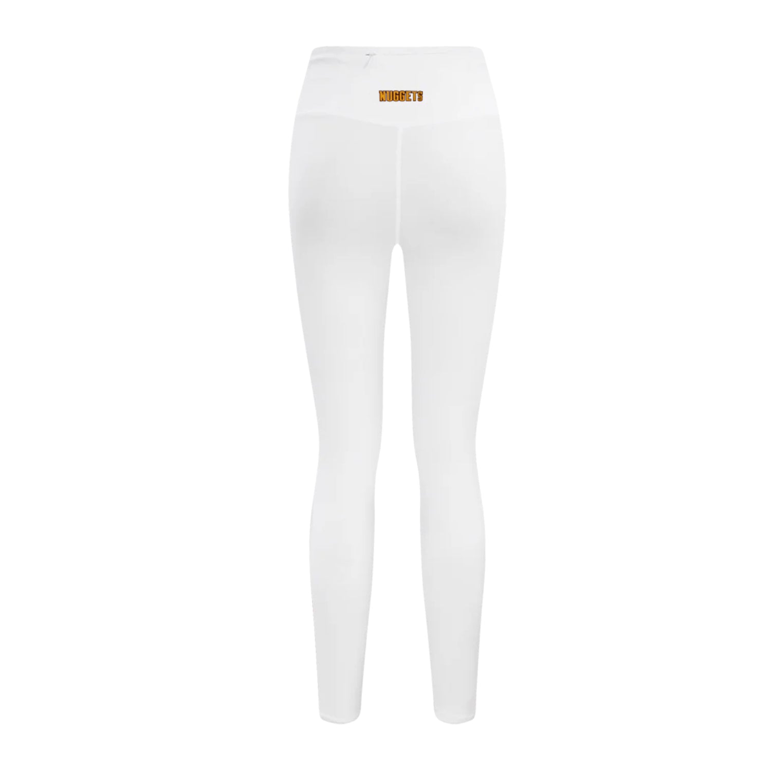 Back view of a pair of white, high-waisted leggings featuring the Nuggets wordmark  on the upper middle hip