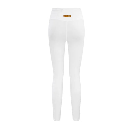 Back view of a pair of white, high-waisted leggings featuring the Nuggets wordmark  on the upper middle hip