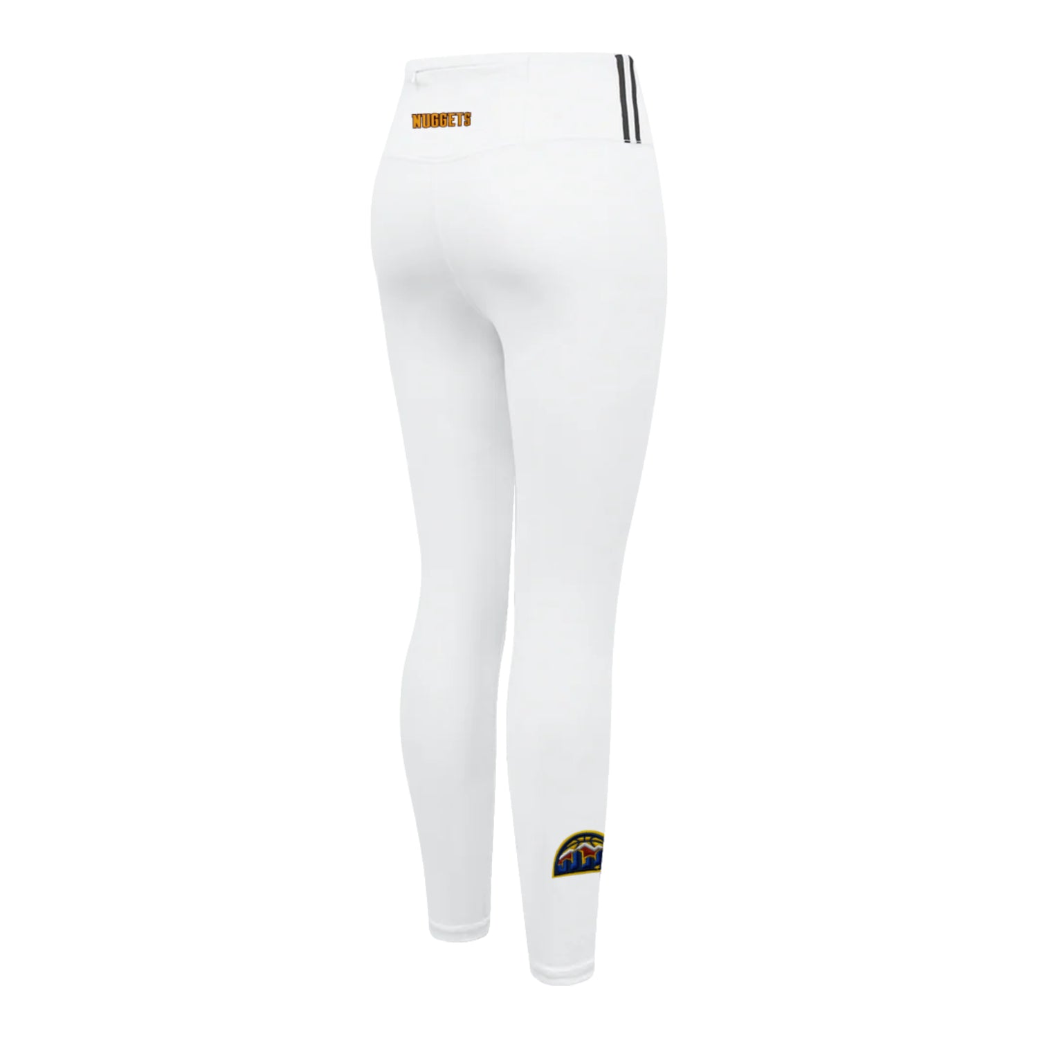 Back right view of a pair of white, high-waisted leggings featuring the Nuggets wordmark  on the upper middle hip, Nuggets Skyline logo on the right ankle.  Navy strip on the right side of waist.