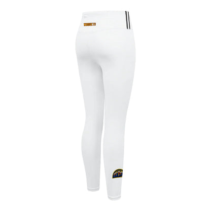 Back right view of a pair of white, high-waisted leggings featuring the Nuggets wordmark  on the upper middle hip, Nuggets Skyline logo on the right ankle.  Navy strip on the right side of waist.