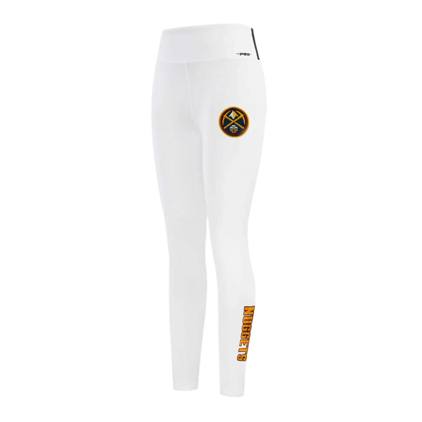 Front left view of a pair of white, high-waisted leggings featuring the Denver Nuggets Primary logo on the upper left hip, Nuggets wordmark facing down on the left ankle.  Navy strip on the left side of waist, with a black rubber Pro Standard Logo to the left of stripes.