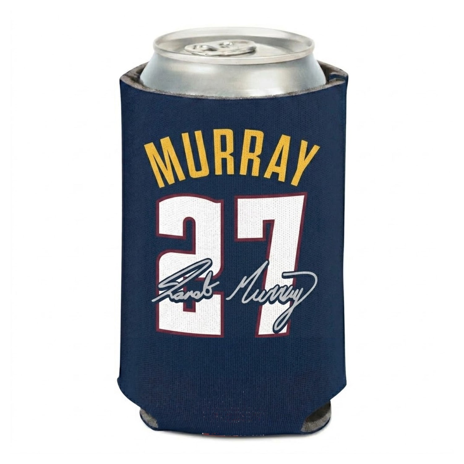 Navy blue Denver Nuggets can cooler holding a silver aluminum can, featuring Jamal Murray's name printed in yellow above his jersey number 27 in large white text, with a facsimile of his signature printed across the numbers.