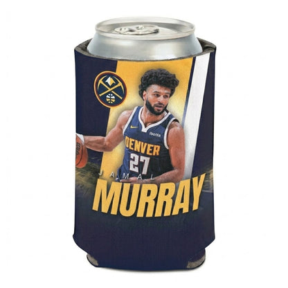 Denver Nuggets can cooler sleeve holding a silver aluminum can, featuring a graphic of Jamal Murray in his number 27 jersey holding a basketball, with 'MURRAY' printed in large yellow letters at the bottom and the team logo in the upper left.