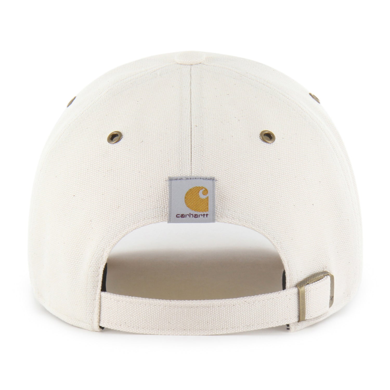 The back of a Carhartt snapback cap in off-white canvas, featuring the brand's signature square patch above the adjustable strap closure.