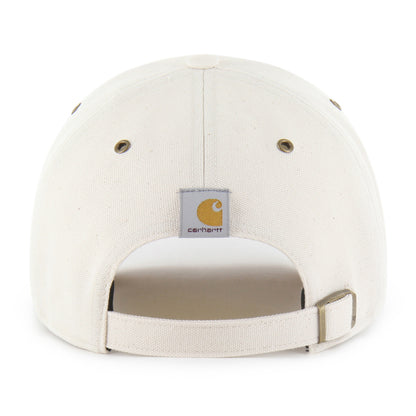 The back of a Carhartt snapback cap in off-white canvas, featuring the brand's signature square patch above the adjustable strap closure.