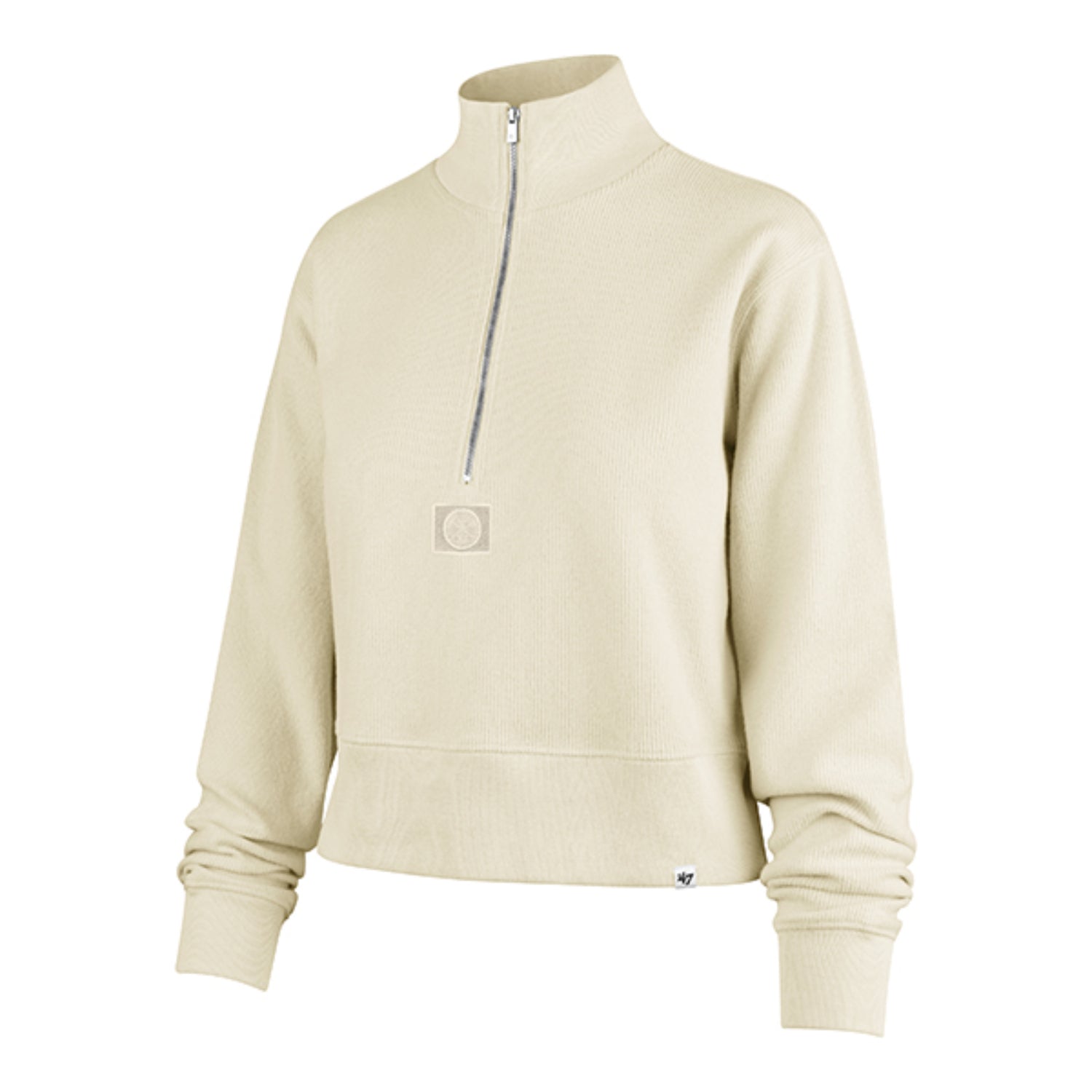 Front left view of a cream colored cropped pullover.  Half zip with a small tonal patch of a tonal Nuggets primary logo below the end of the zipper.