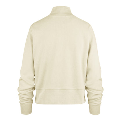 Back view of a cream colored cropped pullover. 