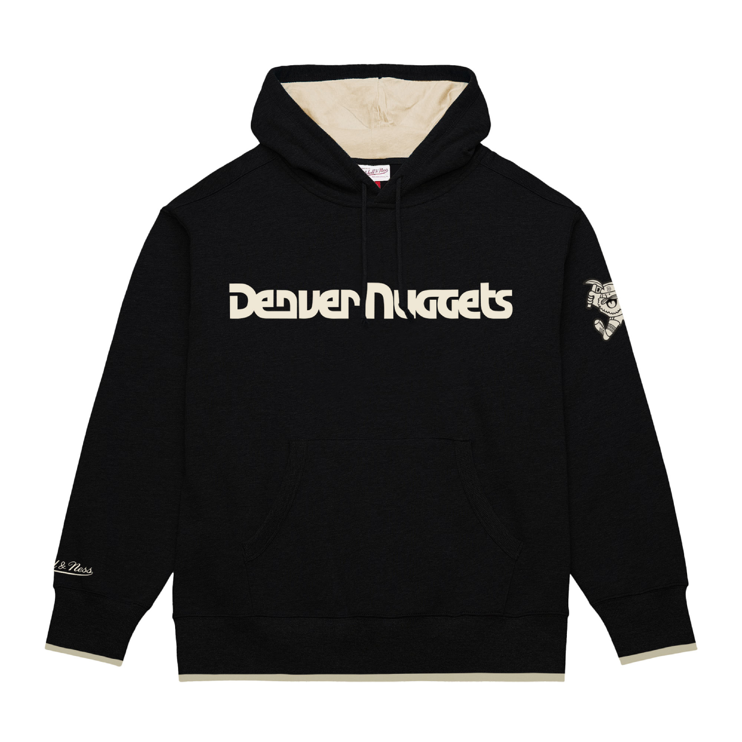 Black hoodie with 'Denver Nuggets' text in cream color on a white background