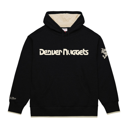 Black hoodie with 'Denver Nuggets' text in cream color on a white background