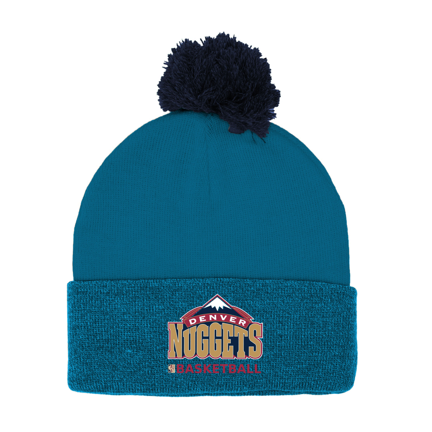 Blue beanie with pom-pom and Old Denver Nuggets Mountain logo on a white background