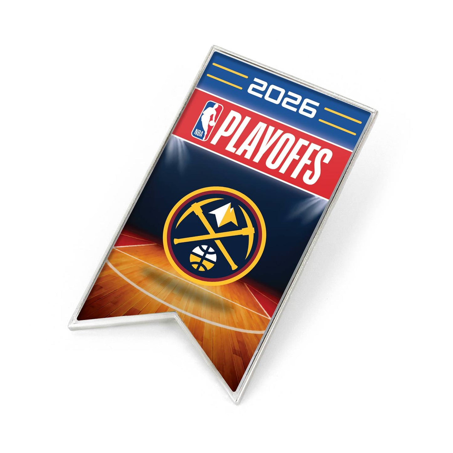 A silver enamel collectible pin shaped like a swallowtail banner commemorating the Denver Nuggets in the 2026 NBA Playoffs. The pin features '2026' in a blue section at the top, a red bar with the 'PLAYOFFS' logo, and the circular Denver Nuggets team logo centered over a basketball court graphic