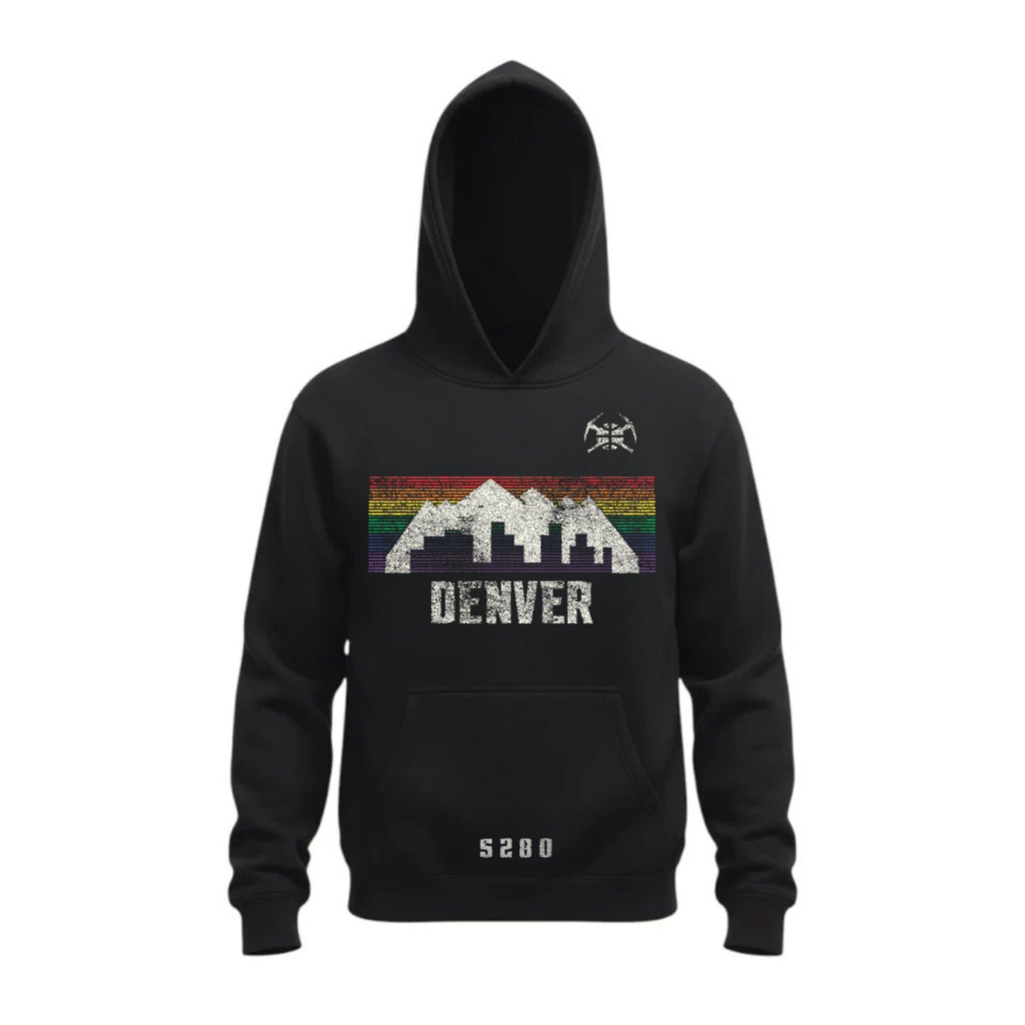 A black pullover hoody displayed against a white background. The chest features a retro Denver graphic with a white mountain silhouette and city skyline overlaying a horizontal rainbow striped band. Directly below the graphic, the word 'DENVER' is printed in a white distressed font. A small white pickaxe logo sits on the left chest, and small block text is centered near the bottom hem