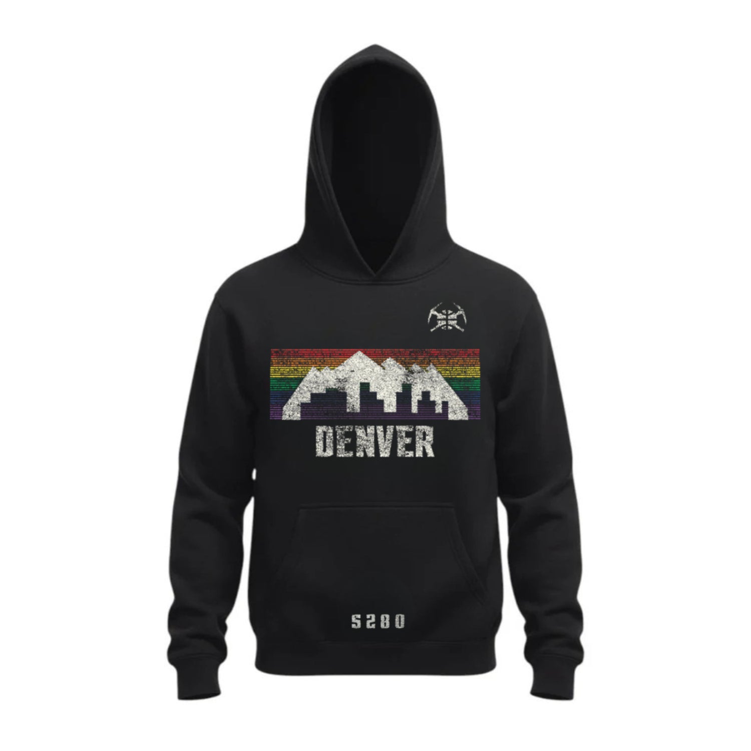 A black pullover hoody displayed against a white background. The chest features a retro Denver graphic with a white mountain silhouette and city skyline overlaying a horizontal rainbow striped band. Directly below the graphic, the word 'DENVER' is printed in a white distressed font. A small white pickaxe logo sits on the left chest, and small block text is centered near the bottom hem