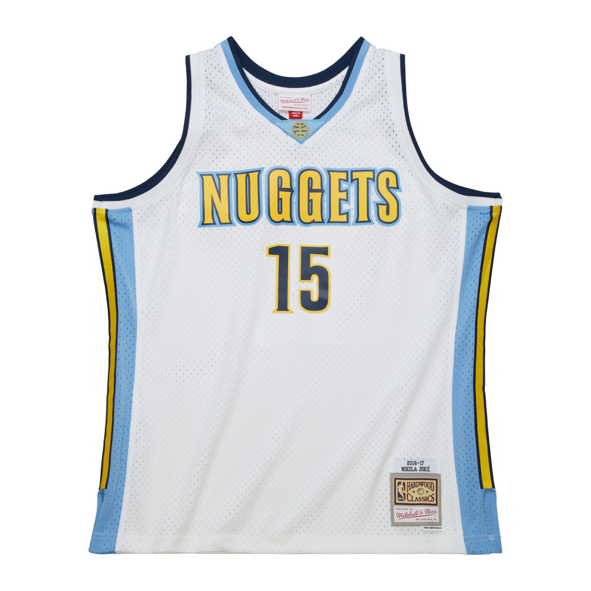 Front view White basketball jersey with Nuggets in navy and number '15' in navy with yellow outline on a white background
