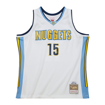 Front view White basketball jersey with Nuggets in navy and number '15' in navy with yellow outline on a white background