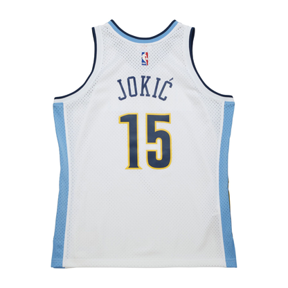 Back view White basketball jersey with 'JOKIC' in navy and number '15' in navy with yellow outline on a white background